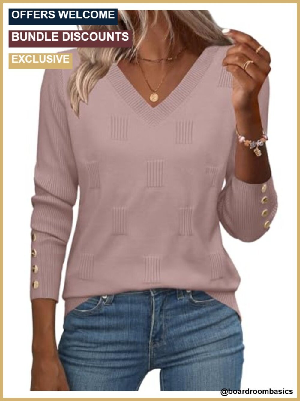 V Neck Sweater Long Sleeve Lightweight Ribbed Knit Pullover with Button Cuffs